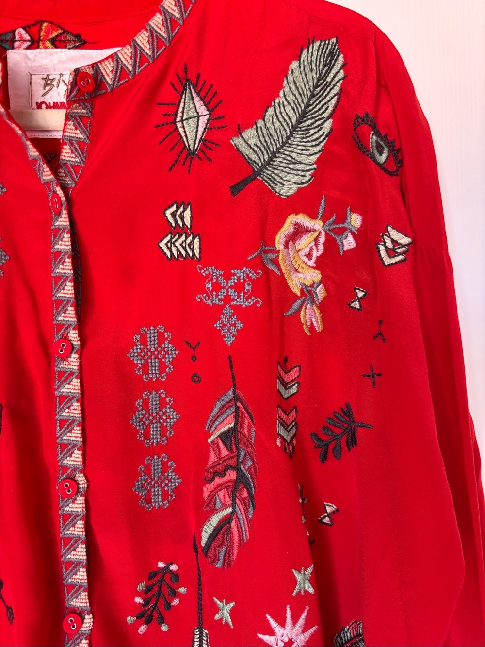 Johnny Was Byia Silk Button-Down Tunic Red women’s small oversized embroidered - Picture 4 of 12